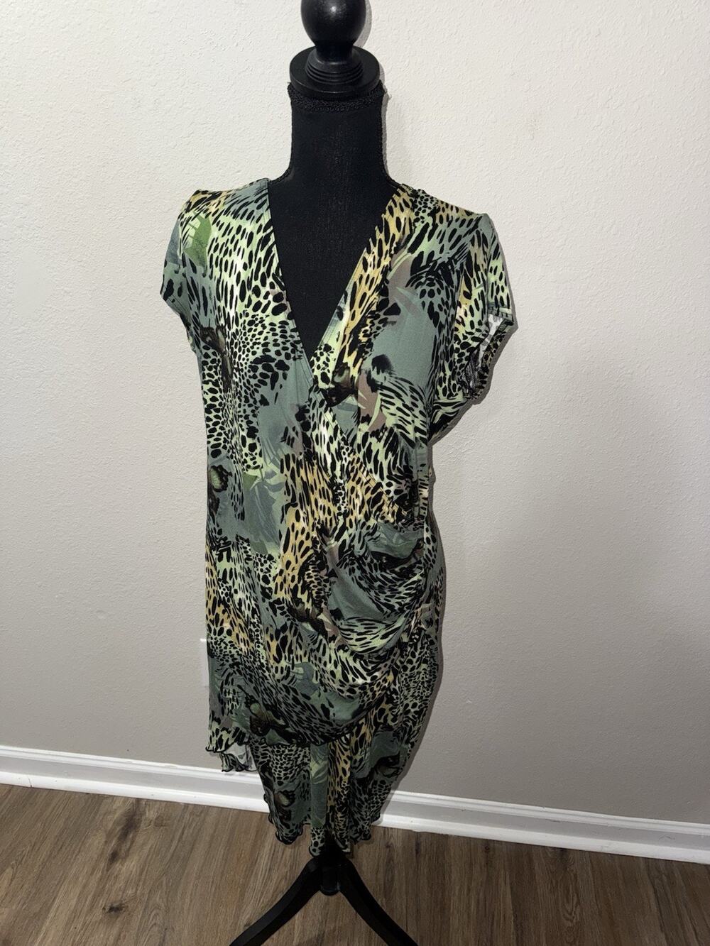 Joseph Ribkoff Dress 16 Green Animal Leopard Butterfly Print V Neck Midi Slit